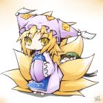  cat_ears cat_tail chen chibi fox_ears fox_tail hands_in_sleeves hat hug reku rex_(artist) short_hair tail tail_hug touhou yakumo_ran 