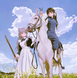 2girls animal_ears apron black_shoes brown_eyes brown_hair bug butterfly butterfly_on_hand china_dress chinese_clothes closed_mouth clouds commentary day dress earrings eyeball_bracelet_girl_(fkey) feiqizi_(fkey) fkey flower frilled_apron frills grass grey_hair gun hair_ribbon highres holding holding_gun holding_weapon horseback_riding jewelry kneehighs long_hair maid maid_apron mole mole_under_eye multiple_girls original outdoors pankou pink_eyes reins ribbon riding shanghai_neckline shoes sky socks symbol-only_commentary twintails weapon white_apron white_flower white_ribbon white_socks yin_yang yin_yang_earrings 