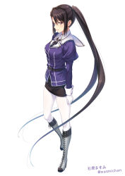  1girl black_hair black_skirt boots breasts brown_eyes collared_shirt commentary_request dress_shirt full_body grey_boots ishihara_masumi jacket kantai_collection long_hair medium_breasts nachi_(kancolle) nachi_kai_ni_(kancolle) pantyhose pencil_skirt profile purple_jacket sailor_collar shirt simple_background skirt solo very_long_hair white_background white_pantyhose white_sailor_collar white_shirt 