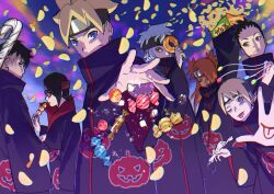  2girls 5boys akatsuki_uniform akimichi_chouchou arm_up black_hair black_headband blonde_hair blue_eyes blue_hair boruto:_naruto_next_generations candy candy_cane chips_(food) closed_eyes commentary_request dark-skinned_female dark_skin doughnut earrings food forehead_protector glasses green_eyes headband highres holding holding_donut holding_food jewelry kawaki_(boruto) mitsuki_(naruto) multicolored_hair multiple_boys multiple_girls nara_shikadai naruto_(series) naruto_shippuuden o_hqfu one_eye_closed orange_hair potato_chips red_eyes sharingan stud_earrings takoyaki tongue tongue_out two-tone_hair uchiha_sarada undercut uzumaki_boruto white_headband yamanaka_inojin yellow_eyes 