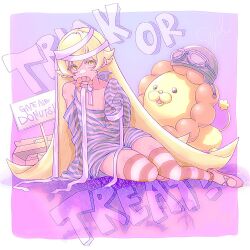  1girl arm_support aviator_cap back_bow bandaged_head bandages black_helmet blonde_hair blue_shirt blush border bow breasts closed_mouth collarbone detached_sleeves different_shadow dot_nose doughnut expressionless eyes_visible_through_hair flipped_hair food food_in_mouth full_body goggles goggles_on_headwear hair_between_eyes hair_flaps halloween hand_up helmet highres leggings legs_together long_hair long_sleeves looking_at_viewer monogatari_(series) mouth_hold open_mouth oshino_shinobu pastry_box pon_de_lion pon_de_ring purple_background purple_theme red_leggings red_shoes s0ul20 shadow shirt shoes shoulder_blush sign signature sitting sleeves_past_fingers sleeves_past_wrists small_breasts striped_clothes striped_leggings striped_shirt thigh_blush trick_or_treat very_long_hair white_border white_leggings white_shirt yokozuwari 