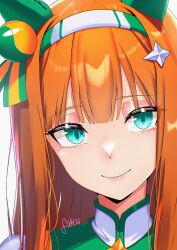  1girl absurdres animal_ears blue_eyes blunt_bangs blush bow ear_bow ear_covers ear_flower fukou green_eyes hair_ornament hairband highres hime_cut horse_ears horse_girl long_hair looking_at_viewer orange_hair shirt silence_suzuka_(innocent_silence)_(umamusume) silence_suzuka_(umamusume) smile solo umamusume white_hairband 