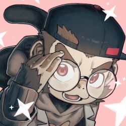  1boy batten_xxxx commentary_request furry furry_male glasses hino_arashi_(vtuber) indie_virtual_youtuber male_focus monkey_boy open_mouth pink_background red_eyes sideways_hat solo sparkle thick_eyebrows v-shaped_eyebrows virtual_youtuber 