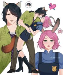  >_< 1boy 1girl :d alternate_costume animal_ears arrow_through_heart artist_name belt bent_back black_belt black_boots black_eyes black_gloves black_hair blue_dress blue_shirt bob_cut boots boruto:_naruto_next_generations brown_pants brown_shoes chibi chibi_inset commentary cosplay diagonal-striped_clothes diagonal-striped_necktie dress english_commentary eye_contact eyelashes eyes_visible_through_hair fox_boy fox_ears from_side full_moon gloves green_eyes green_shirt hair_over_one_eye hand_on_another's_shoulder hand_on_another's_waist haruno_sakura height_difference high_heel_boots high_heels highres judy_hopps judy_hopps_(cosplay) knee_boots knee_pads leaning_back light_blush lipgloss looking_at_another looking_at_viewer mandarin_collar moon multiple_views naruto_(series) necktie nick_wilde nick_wilde_(cosplay) pants parted_lips pink_hair plant_print police police_badge police_uniform policewoman purple_necktie rabbit_ears rabbit_girl rabbit_tail shirt shirt_under_dress shoes short_sleeves single_knee_pad smile straight_hair striped_clothes swept_bangs tail teeth tenartistt uchiha_sasuke upper_body utility_belt watermark white_background zootopia 