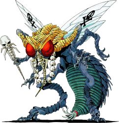  absurdres animal_print beelzebub_(megami_tensei) bug carapace claws compound_eyes demon_(megami_tensei) extra_arms fangs fly highres insect_wings jewelry kazuma_kaneko mandibles marker_(medium) necklace no_humans official_art retro_artstyle scan shin_megami_tensei shin_megami_tensei_ii skull_and_crossbones skull_necklace solo staff third-party_source tiger_print traditional_media transparent_background wings 
