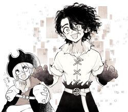  2boys :d aged_down armor belt blush brothers cape claw_pose collarbone commentary_request crossed_arms curly_hair dr._stone fang full-face_blush gloves greyscale hair_between_eyes hat highres looking_at_viewer male_focus medium_hair monochrome multiple_boys nanami_ryuusui nanami_sai ninomae_gin open_mouth pauldrons pirate pirate_hat sanpaku scar shirt short_hair shoulder_armor siblings smile solo solo_focus sweat sweatdrop torn_clothes upper_body 