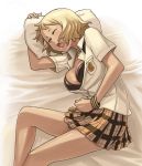  blonde_hair blush bowieknife bra bracelet breasts cleavage closed_eyes dark_skin hyakko jewelry lingerie lying ooba_minato open_clothes open_mouth open_shirt pillow pillows plaid plaid_skirt school_uniform shirt short_hair skirt sleeping solo tartan underwear uniform 