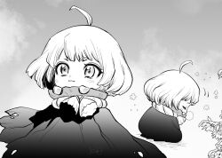  1girl :3 ahoge blush cape chibi chibi_only cloak closed_eyes closed_mouth commentary_request dr._stone fog food fruit grey_background grey_cape greyscale highres light_smile monochrome multiple_views ninomae_gin nose_bubble plant rope rope_around_neck short_hair sidelocks signature simple_background sitting sleeping smile suika_(dr.stone) watermelon white_rope 