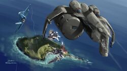  2girls absurdres aircraft airplane artist_name assault_lily black_capelet black_pantyhose black_ribbon black_shoes black_skirt brown_hair capelet closed_mouth commentary_request commission contrail cropped_jacket day f-35_lightning_ii fighter_jet floating_hair frilled_skirt frills hair_ribbon hands_up heterochromia high-waist_skirt highres holding holding_sword holding_weapon island kaede_johan_nouvel kudryavka_trop kuo_shenlin loafers long_sleeves looking_at_another midair military_vehicle multiple_girls ocean outdoors outstretched_arm pantyhose red_eyes ribbon school_uniform shirt shoes signature skeb_commission skirt sword twitter_username water weapon white_pantyhose white_shirt yellow_eyes yurigaoka_girls_academy_school_uniform 