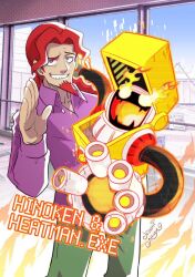  1boy ariga_hitoshi artist_name beard cowboy_shot facial_hair green_pants heatman.exe highres male_focus mega_man_(series) mega_man_battle_network_(series) mr._match_(mega_man) netnavi pants parted_lips purple_shirt red_hair shirt smile 