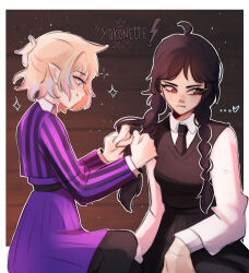  ... 2025 2girls ahoge artist_name black_hair black_necktie black_pantyhose blonde_hair braid braiding_another's_hair closed_mouth collared_shirt enid_sinclair freckles heart highres long_hair long_sleeves multicolored_hair multiple_girls necktie nevermore_academy_school_uniform pantyhose pink_skirt school_uniform shirt skirt smile striped_clothes the_addams_family twin_braids wednesday_(netflix) wednesday_addams yokonette 