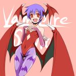  clothed_navel fang fangs flat_chest head_wings headwings lilith_aensland n_(ruff) pantyhose print_pantyhose purple_hair purple_legwear red_eyes ruff_(pixiv) short_hair title_drop vampire_(game) wings 