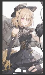  1girl ajirui animal_ears arknights ascot bang_dream! bang_dream!_it's_mygo!!!!! bare_shoulders black_border black_dress black_gloves black_hat black_shorts black_veil blonde_hair border chinese_commentary commentary_request corset cowboy_shot crinoline dog_ears dog_girl dress gloves hand_up hat kemonomimi_mode looking_at_viewer medium_hair microphone misumi_uika misumi_uika_(caged_singer) open_mouth shorts solo standing veil violet_eyes 