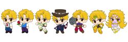  1boy :3 absurdres american_football_(object) ball blonde_hair bottle chibi collared_shirt colored_skin crossed_arms dio_brando facial_mark fang flower fur-trimmed_jacket fur_trim grin hand_up hat headband heaven_ascended_dio highres holding holding_ball holding_bottle holding_flower jacket jojo_no_kimyou_na_bouken jojo_no_kimyou_na_bouken:_eyes_of_heaven long_hair long_sleeves male_focus mechimun_jojo multiple_persona necktie open_mouth phantom_blood purple_skin red_eyes rose scarf shirt short_hair smile standing standing_on_one_leg stardust_crusaders stone_mask_(jojo) striped_clothes striped_shirt suspenders teardrop vest 