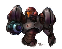  1girl arm_cannon armor artist_name assault_visor dark_suit_(metroid) full_armor metroid metroid_prime_2:_echoes orange_visor power_armor power_suit_(metroid) samus_aran signature simple_background wakaba_(wata_ridley) weapon white_background 