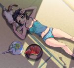  armpits bad_id black_hair camisole cat fan flower food from_above fruit green_eyes lying midriff navel on_back original panties paper_fan popsicle shade short_hair solo striped striped_panties sunflower tatami testicles thighs tupet uchiwa underwear usaki watermelon wind_chime 