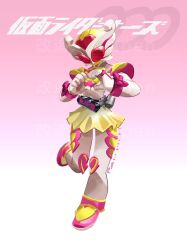  1girl armor character_request heart heart_hands helmet kamen_rider kamen_rider_gavv_(series) kamen_rider_ooo_(series) miniskirt penpenhuihui pink_armor pink_background pink_helmet red_eyes skirt solo yellow_skirt 