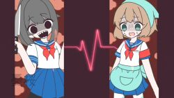  2girls amai_odayaka apron ayano_aishi blush brown_hair commentary_request drill_hair green_eyes long_hair mesmerizer_(vocaloid) multiple_girls open_mouth pantyhose parody school_uniform serafuku shirt short_hair smile yandere_simulator yuu_sakura_urara 