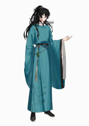  1boy artist_name bad_source belt black_hair chinese_clothes chinese_text closed_mouth english_text full_body hair_between_eyes hanfu high_ponytail highres kuangluan_jiwawa long_hair long_sleeves looking_at_viewer male_focus mandarin_collar mixed-language_text original ponytail simple_background solo standing tassel white_background wide_sleeves yaopei yuanlingpao 