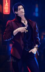  1boy akiyama_shun black_hair black_shirt cigarette city_lights commentary_request facial_hair gold_wristwatch hand_in_pocket highres holding holding_lighter jacket jewelry lighter male_focus necklace neon_lights nicacu night parted_bangs pinstripe_jacket pinstripe_pattern red_jacket ryuu_ga_gotoku_(series) ryuu_ga_gotoku_4 shirt signature smoking solo stubble v-neck watch watch 