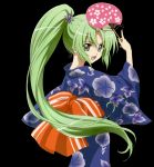  green_eyes green_hair highres higurashi_no_naku_koro_ni japanese_clothes kimono looking_back paper_fan ponytail simple_background sonozaki_mion uchiwa yukata 