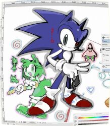  1boy 1girl :d alien alternate_color antennae blue_fur boots cat closed_mouth colored_skin dress full_body gloves green_boots green_dress green_eyes green_hair green_skin hashtag-only_commentary hedgehog_boy hedgehog_girl junero71 open_mouth patrick_star red_shoes shoes smile sonic_(series) sonic_the_hedgehog spongebob_squarepants spongebob_squarepants_(series) ufo white_gloves 