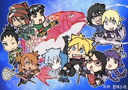  akimichi_chouchou animal_on_head arm_warmers bandaged_arm bandages black_eyes black_hair black_jacket blonde_hair blue_eyes blue_hair boruto:_naruto_next_generations braid butterfly_net chibi commentary_request dark-skinned_female dark_skin extendable_limbs facial_mark fish flying_kick glasses green_eyes hair_bobbles hair_ornament hair_over_one_eye hand_net hashtag highres holding holding_butterfly_net jacket japanese_clothes kakei_sumire kaminarimon_denki kicking low_twin_braids metal_lee mitsuki_(naruto) mole mole_above_mouth nara_shikadai naruto_(series) nue_(boruto) o_hqfu on_head one_eye_closed orange_hair over-rim_eyewear pale_skin ponytail purple_hair red-framed_eyewear semi-rimless_eyewear short_ponytail shorts thick_eyebrows tongue tongue_out topknot translation_request twin_braids two_side_up uchiha_sarada uzumaki_boruto v-shaped_eyebrows violet_eyes whisker_markings white_shorts yamanaka_inojin yellow_eyes yuino_iwabee 