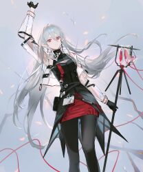  absurdres alternate_costume arknights blood blood_bag breasts cross cross_earrings earrings gloves highres id_card jewelry long_hair noelucc pantyhose pointy_ears red_eyes red_skirt see-through_clothes see-through_sleeves sidelocks skirt small_breasts staff vampire warfarin_(arknights) white_hair 