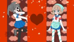  2girls amai_odayaka apron ayano_aishi blush brown_hair commentary_request drill_hair green_eyes long_hair mesmerizer_(vocaloid) multiple_girls open_mouth pantyhose parody school_uniform serafuku shirt short_hair smile yandere_simulator yuu_sakura_urara 