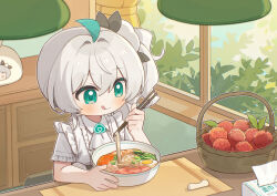  1girl :q ahoge apron basket bowl chair chopsticks closed_mouth commentary_request curtains egg_(food) food frills fruit green_eyes green_hair hair_between_eyes highres holding indoors leaf lychee noodles plant quanmian_shidai shirt short_sleeves side_ponytail sitting smile solo table toilet_paper tongue tongue_out wen_xiaomian wenxiaomian_family white_hair white_shirt window 