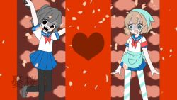  2girls amai_odayaka apron ayano_aishi blush brown_hair commentary_request drill_hair green_eyes long_hair mesmerizer_(vocaloid) multiple_girls open_mouth pantyhose parody school_uniform serafuku shirt short_hair smile yandere_simulator yuu_sakura_urara 