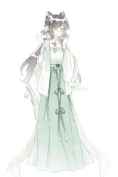  1girl absurdres bad_source beizi_(clothing) black_hair chinese_clothes cone_hair_bun dress flower food full_body green_dress green_eyes hair_bun hair_flower hair_ornament hanfu highres holding long_hair long_sleeves looking_to_the_side original ribbon simple_background solo watermark white_background wide_sleeves yanxie_jiangxi 