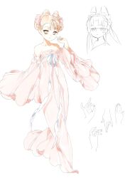  1girl absurdres bad_source bare_shoulders bow chinese_clothes cone_hair_bun detached_sleeves dress hair_bun hair_rings hanfu heziqun highres huadian orange_eyes orange_hair original ribbon simple_background smile white_background wide_sleeves zhaoye_mimi 