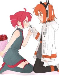 2girls a.i._voice adachi_rei black_boots black_shirt black_skirt blush boots bouquet commentary_request drill_hair flower gloves grey_skirt hair_ribbon highres holding holding_bouquet holding_jewelry holding_ring jacket jewelry kasane_teto kneeling marriage_proposal multiple_girls ofo_j1 one_side_up orange_eyes orange_hair red_eyes red_flower red_hair red_rose ribbon ring rose shirt simple_background skirt sleeveless sleeveless_shirt smile thigh_boots twin_drills twintails utau white_background white_gloves white_jacket white_ribbon yuri