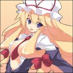  blonde_hair hair_ribbon hat long_hair lowres necktie open_clothes open_shirt purple_eyes ribbon shirt tooya touhou touya_(the-moon) violet_eyes yakumo_yukari 