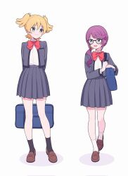  2girls :d ankle_socks arms_behind_back bag bell black-framed_eyewear black_socks blonde_hair bow bowtie breast_pocket brown_shoes closed_mouth collared_shirt daiba_nana flipped_bangs full_body glasses green_eyes green_ribbon grey_jacket grey_skirt hair_bell hair_between_eyes hair_ornament hair_ribbon hand_rest hands_up highres hoshimi_junna invisible_floor jacket kashima_momoki loafers long_hair long_sleeves looking_at_another looking_to_the_side low_side_ponytail miniskirt multiple_girls open_clothes open_jacket open_mouth pleated_skirt pocket red_bow red_bowtie ribbon school_bag school_uniform seishou_music_academy_uniform shadow shirt shirt_tucked_in shoes short_hair shoujo_kageki_revue_starlight shoulder_bag sidelocks simple_background skirt smile socks standing two_side_up walking white_background white_shirt white_socks 