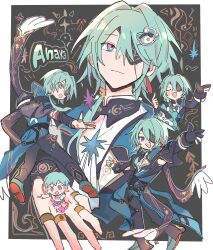  1boy absurdres aged_down anaxa_(honkai:_star_rail) aqua_hair black_jacket black_pants blue_eyes blush_stickers border chain character_name chibi closed_eyes earrings eyepatch gem hair_between_eyes hair_intakes highres honkai:_star_rail honkai_(series) jacket jewelry lapels looking_at_viewer male_focus mandarin_collar medium_hair multicolored_eyes multiple_rings multiple_views notched_lapels one_eye_covered pants pink_eyes red_gemstone ring shirt side_ponytail single_earring siokuran smile two-tone_eyes upper_body white_border white_shirt 