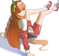  1girl animal_ears blue_eyes blunt_bangs closed_mouth ear_covers full_body hairband hashtag-only_commentary highres horse_ears horse_girl horse_tail jacket long_hair orange_hair red_jacket red_shoes red_shorts shirt shoes shorts silence_suzuka_(umamusume) simple_background sitting sneakers socks solo tail tracen_training_uniform track_jacket umamusume white_background white_hairband white_shirt white_socks woxinruhuo 