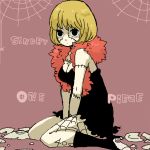 black_eyes blonde_hair character_name cindry kneeling one_piece patches purple_background short_hair solo spider_web spiderweb title_drop victoria_cindry yukke zombie 