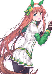  2girls animal_ears black_gloves black_pantyhose blue_eyes blunt_bangs blush bow commentary_request ear_covers gloves green_eyes green_sailor_collar hair_ornament hairband hime_cut holding_hands horse_ears horse_girl horse_tail long_hair long_sleeves looking_at_viewer multiple_girls open_mouth orange_hair orange_tail pantyhose pleated_skirt sailor_collar shirt silence_suzuka_(innocent_silence)_(umamusume) silence_suzuka_(umamusume) simple_background skirt smile solo_focus special_week_(umamusume) tail umamusume white_background white_hairband white_shirt white_skirt yumesato_makura 