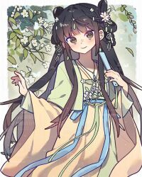  1girl bad_source black_hair brown_eyes chinese_clothes closed_mouth dress flower hair_bun hair_flower hair_ornament hair_rings hand_fan hanfu highres holding holding_fan jewelry leaf long_hair long_sleeves looking_at_viewer necklace original shuangyaji smile solo watermark wide_sleeves yiyang_yuli 