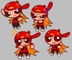  1boy backwards_hat black_pants black_shoes brick_(ppg) cookie_run cookie_run:_kingdom cookie_run:_ovenbreak grey_background hat highres long_hair long_sleeves looking_at_viewer male_focus multiple_views orange_hair pants powerpuff_girls red_eyes red_hat red_shirt rowdyruff_boys shirt shoes smile smug sneakers solo surprised thatlightbluefox v-shaped_eyebrows white_shoes 