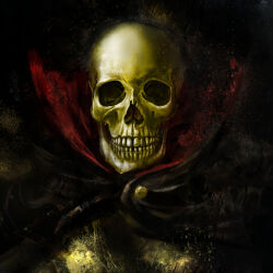  1boy black_cape buttons cape collared_cape colored_skin commentary dark gold_skin grin highres koukyou looking_at_viewer no_pupils ougon_bat ougon_bat_(character) portrait realistic skeleton skull smile solo teeth upper_body 