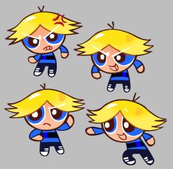  1boy angry antenna_hair black_pants black_shoes blonde_hair blue_eyes blue_shirt boomer_(ppg) confused cookie_run cookie_run:_kingdom cookie_run:_ovenbreak excited grey_background highres long_sleeves male_focus multiple_views open_mouth pants parted_bangs powerpuff_girls rowdyruff_boys shirt shoes smile sneakers solo thatlightbluefox v-shaped_eyebrows white_shoes 