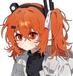  1girl a.i._voice absurdres adachi_rei black_sweater blush closed_mouth drawstring expressionless hair_between_eyes hair_intakes hair_ornament hair_ribbon haru_(ririne9999rine) headset highres jacket medium_hair one_side_up open_clothes open_jacket orange_eyes orange_hair pocket portrait ribbon simple_background solo sweater turtleneck turtleneck_sweater utau white_background white_jacket white_ribbon 