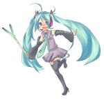  :d bad_id hatsune_miku open_mouth outstretched_arms simple_background smile solo spread_arms spring_onion standing_on_one_leg thigh-highs thighhighs twintails vocaloid white_background yamada_ako 