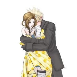  1boy 1girl 9s_(nier:automata) 9s_(nier:automata)_(cosplay) aerith_gainsborough aerith_gainsborough_(garb_of_the_possessed) animal_print bandaged_arm bandaged_leg bandaged_neck bandages bird_print black_gloves black_jacket black_shoes blonde_hair blue_negligee blue_sleeves blush braid braided_hair_rings brown_hair chocobo cloud_strife cloud_strife_(scanner_ensemble) cosplay couple cowboy_shot final_fantasy final_fantasy_vii final_fantasy_vii:_ever_crisis flower gloves green_eyes hair_flower hair_ornament hair_rings hetero hug hug_from_behind jacket kaine_(nier) kaine_(nier)_(cosplay) long_hair negligee official_alternate_costume open_mouth parted_bangs sharp_teeth shoes short_hair sidelocks sketch teeth white_background white_flower ws_alte 