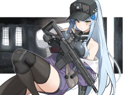  1girl assault_rifle baseball_cap blue_hair commentary_request flashbang girls'_frontline_2:_exilium girls_frontline green_eyes gun h&amp;k_hk416 hat highres hk416_(girls'_frontline) jacket klukai_(girls'_frontline_2) leggings long_hair looking_at_viewer magazine_(weapon) purple_jacket rifle ryou_(ponpgo) simple_background tattoo teardrop teardrop_facial_mark teardrop_tattoo weapon 