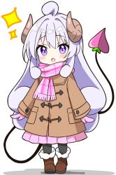  1girl :d ahoge black_pantyhose blush boots brown_boots brown_coat coat commentary_request curly_hair demon_girl demon_horns demon_tail full_body fur-trimmed_boots fur_trim highres horns kotatsu-mazoku lilith_(homunculus)_(machikado_mazoku) lilith_(machikado_mazoku) long_hair long_sleeves looking_at_viewer machikado_mazoku mittens open_mouth pantyhose pink_mittens pink_scarf pink_skirt plaid_clothes plaid_scarf pleated_skirt purple_hair scarf sidelocks simple_background skirt smile solo sparkle standing tail violet_eyes white_background 