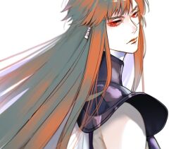  1boy aquarius_camus armor bare_shoulders bishounen breastplate closed_mouth eyelashes floating_hair lips long_hair looking_at_viewer looking_back male_focus pauldrons red_eyes saint_seiya shoulder_armor sidelocks simple_background sleeveless solo upper_body white_background ykmr_(haga) 
